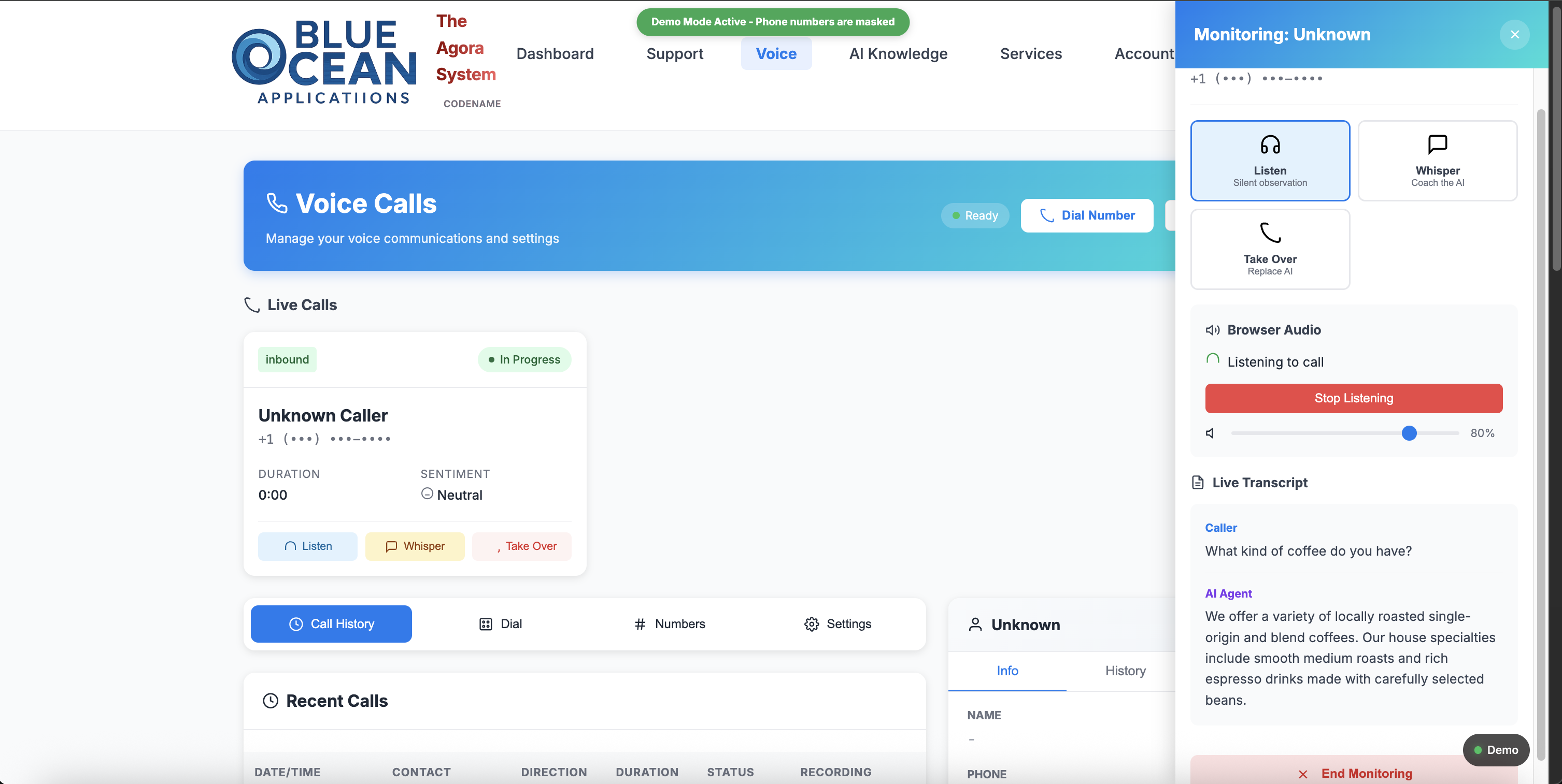 Automated Receptionist - Listen Mode Dashboard
